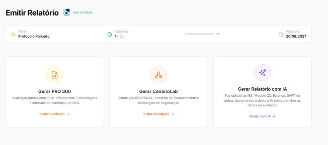 Três opções: Gerar PRO 360, Gerar CenárioLab e Gerar Relatório com IA