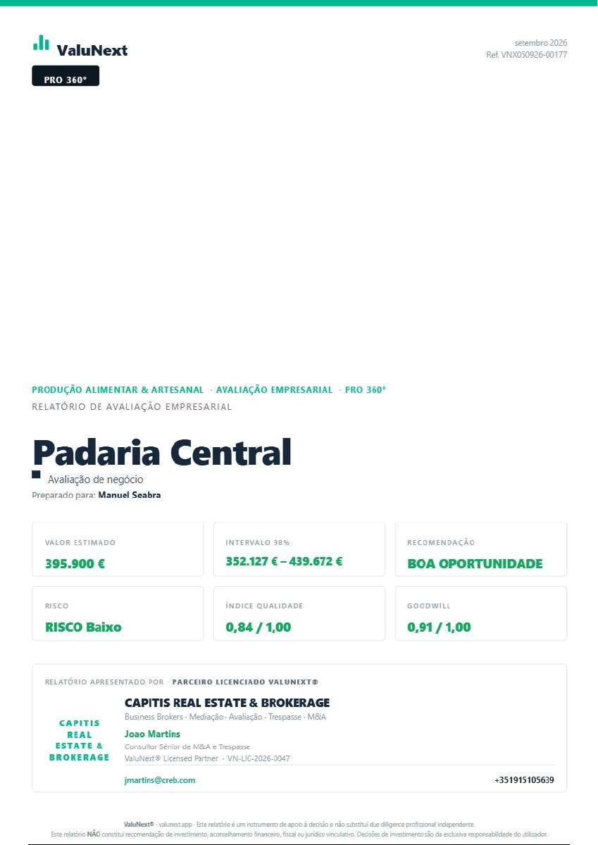 Exemplo de relatório PRO 360: avaliação da Padaria Central